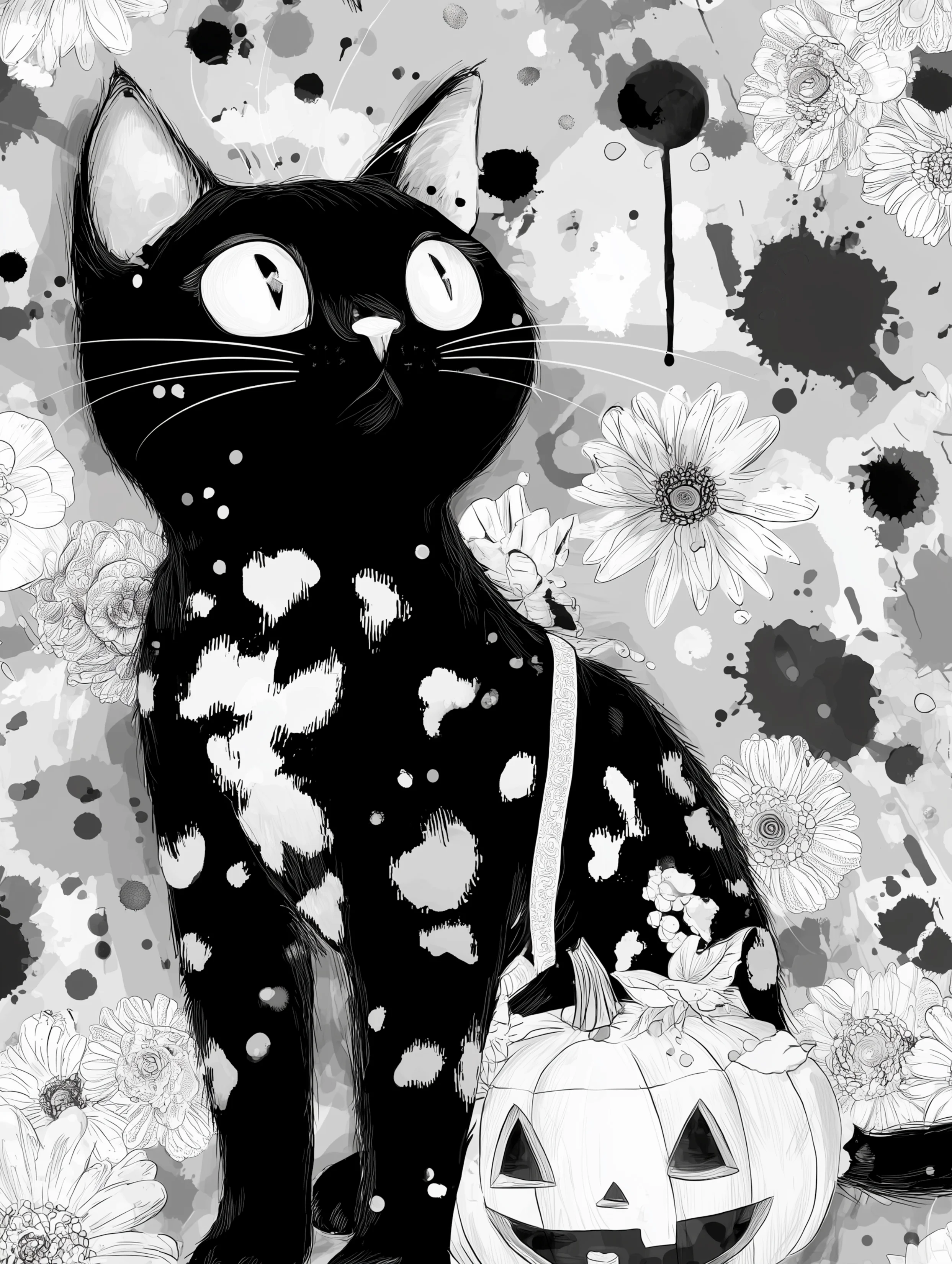 Free printable black cat coloring page for adults featuring halloween black cat with white splotches